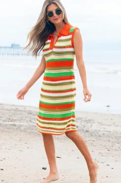 Best Dear-Lover Eyelet Sleeveless Buttoned Split Neck Sweater Dress Yellow Stripe