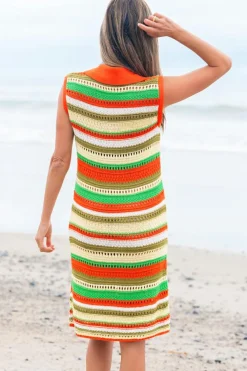 Best Dear-Lover Eyelet Sleeveless Buttoned Split Neck Sweater Dress Yellow Stripe