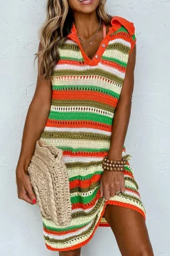 Best Dear-Lover Eyelet Sleeveless Buttoned Split Neck Sweater Dress Yellow Stripe
