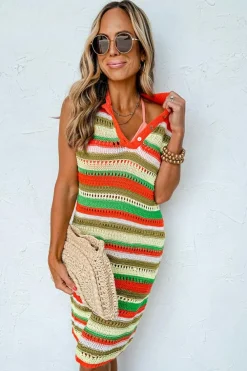Best Dear-Lover Eyelet Sleeveless Buttoned Split Neck Sweater Dress Yellow Stripe
