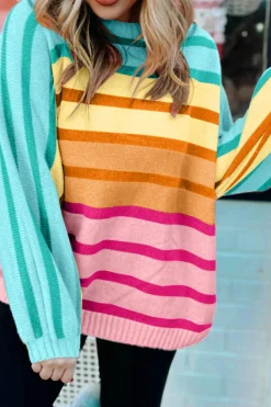 Fashion Dear-Lover Gradient Striped Ribbed Edge Loose Sweater Yellow Stripe