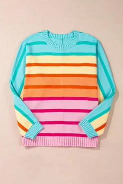 Fashion Dear-Lover Gradient Striped Ribbed Edge Loose Sweater Yellow Stripe