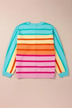 Fashion Dear-Lover Gradient Striped Ribbed Edge Loose Sweater Yellow Stripe