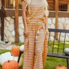 Sale Dear-Lover Rainbow Tee Tasseled String Wide Leg Pants Set Yellow Stripe