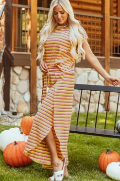 Sale Dear-Lover Rainbow Tee Tasseled String Wide Leg Pants Set Yellow Stripe