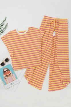 Sale Dear-Lover Rainbow Tee Tasseled String Wide Leg Pants Set Yellow Stripe