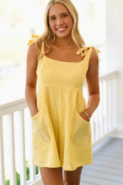 Sale Dear-Lover Shoulder Tie Smocked Back Wide Leg Casual Romper Yellow Stripe