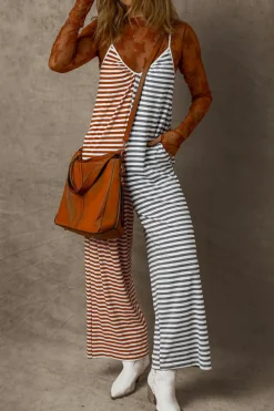 Discount Dear-Lover Two Tone Contrast Spaghetti Strap Backless Overall Yellow Stripe