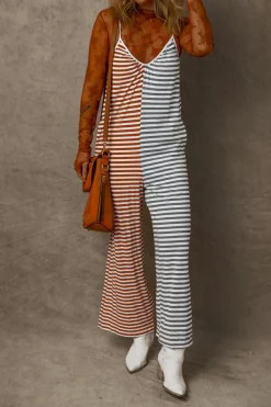 Discount Dear-Lover Two Tone Contrast Spaghetti Strap Backless Overall Yellow Stripe