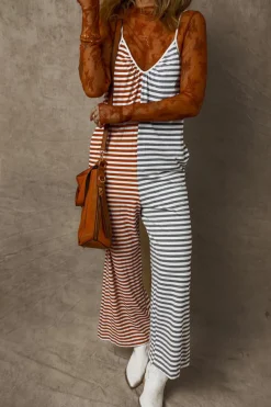Discount Dear-Lover Two Tone Contrast Spaghetti Strap Backless Overall Yellow Stripe