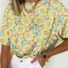 Clearance Dear-Lover Summer Flower Printed Drop Shoulder Loose T Shirt Yellow