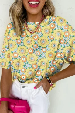 Clearance Dear-Lover Summer Flower Printed Drop Shoulder Loose T Shirt Yellow