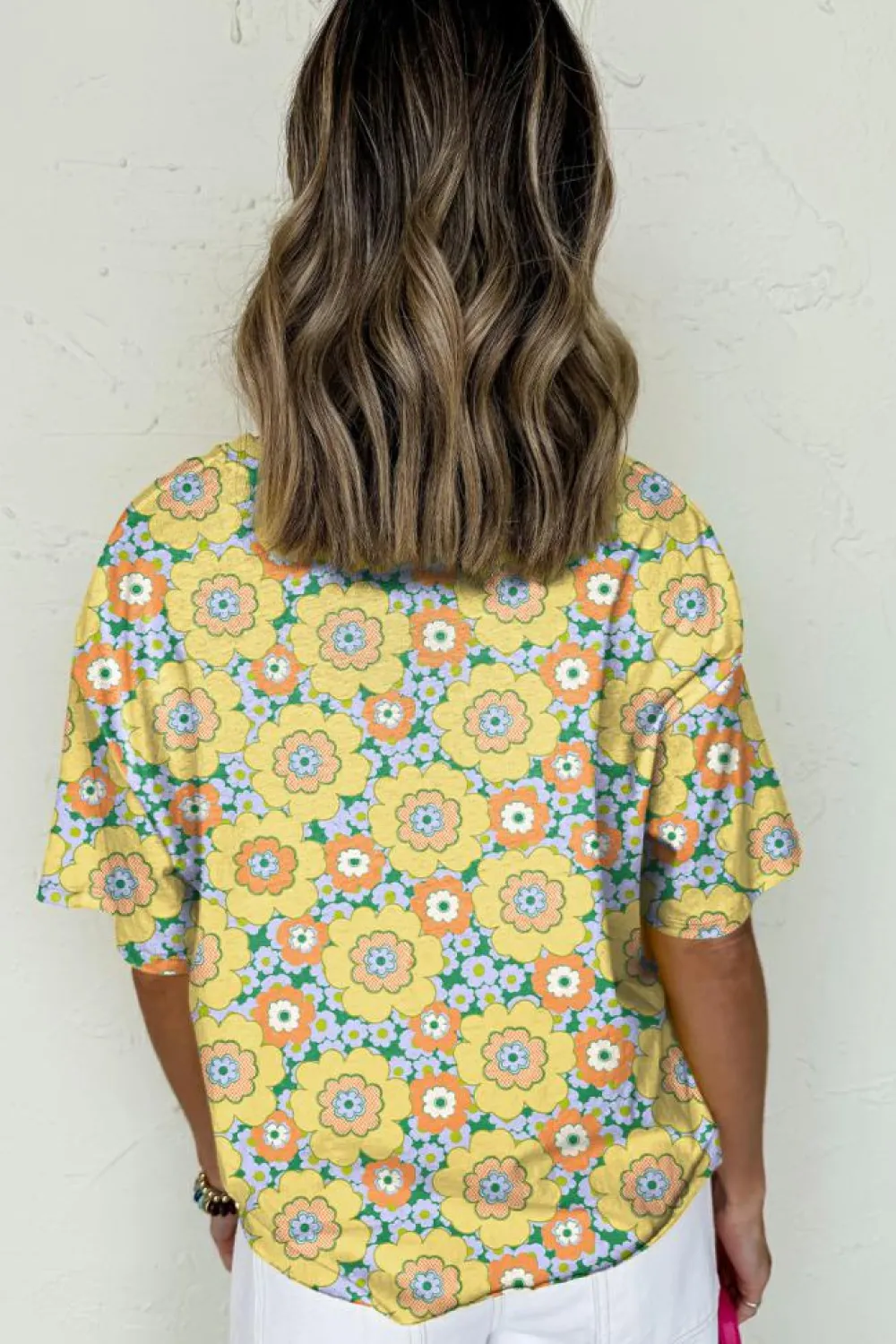 Clearance Dear-Lover Summer Flower Printed Drop Shoulder Loose T Shirt Yellow