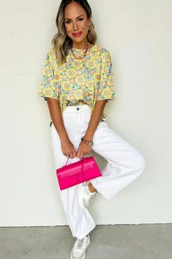 Clearance Dear-Lover Summer Flower Printed Drop Shoulder Loose T Shirt Yellow