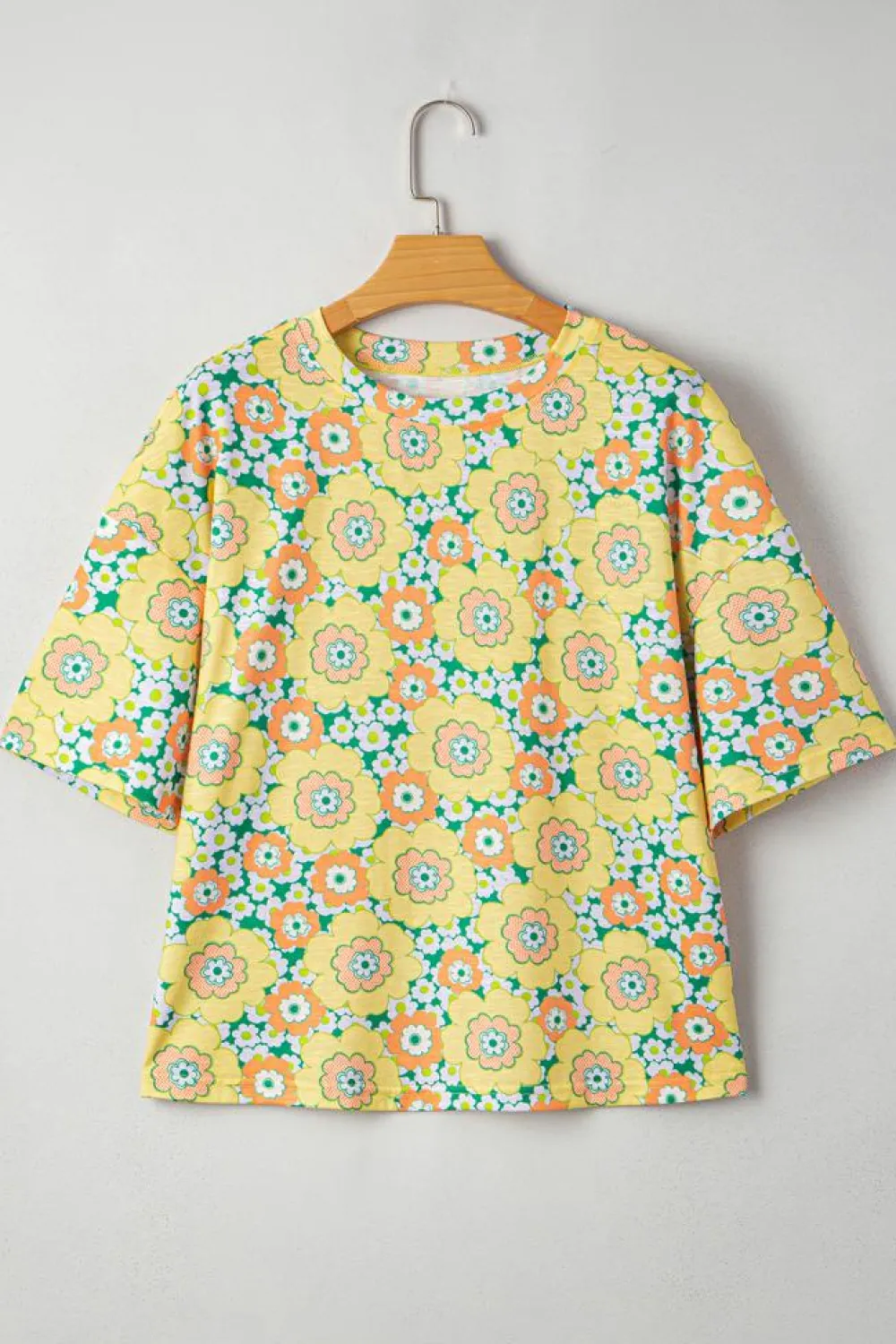 Clearance Dear-Lover Summer Flower Printed Drop Shoulder Loose T Shirt Yellow