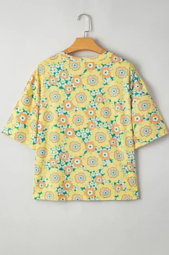 Clearance Dear-Lover Summer Flower Printed Drop Shoulder Loose T Shirt Yellow