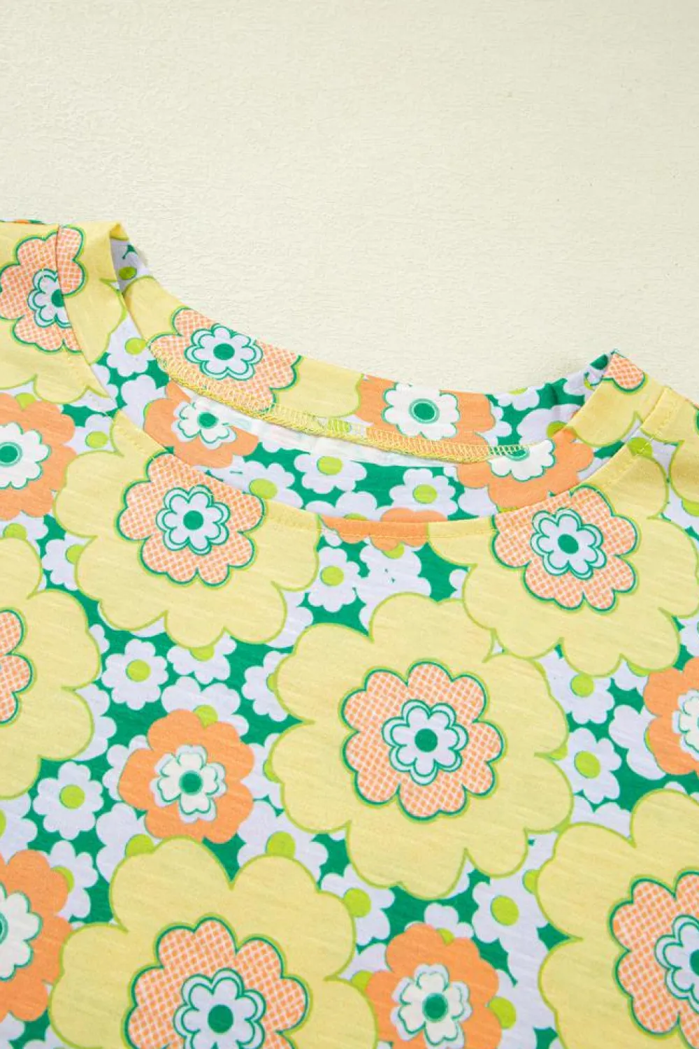 Clearance Dear-Lover Summer Flower Printed Drop Shoulder Loose T Shirt Yellow