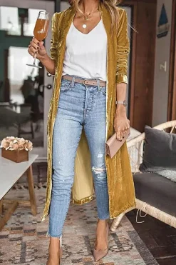 Outlet Dear-Lover Velvet Open Front Pocketed Long Duster Yellow