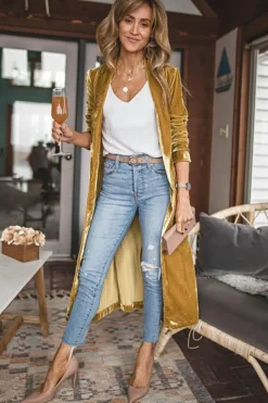 Outlet Dear-Lover Velvet Open Front Pocketed Long Duster Yellow