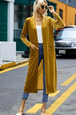 Outlet Dear-Lover Velvet Open Front Pocketed Long Duster Yellow
