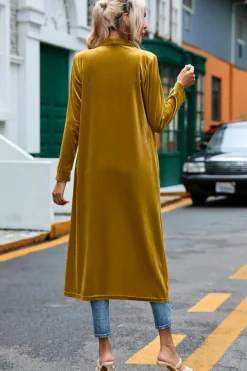 Outlet Dear-Lover Velvet Open Front Pocketed Long Duster Yellow