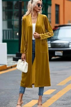 Outlet Dear-Lover Velvet Open Front Pocketed Long Duster Yellow