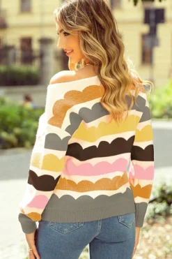 Discount Dear-Lover Wave Striped Balloon Sleeve Drop Shoulder Sweater Yellow