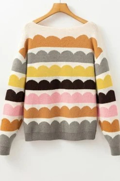 Discount Dear-Lover Wave Striped Balloon Sleeve Drop Shoulder Sweater Yellow