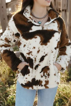 Discount Dear-Lover Zip Collar Cow Print Fleece Sweatshirt White