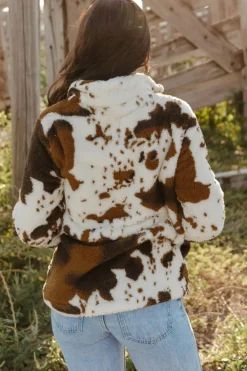 Discount Dear-Lover Zip Collar Cow Print Fleece Sweatshirt White