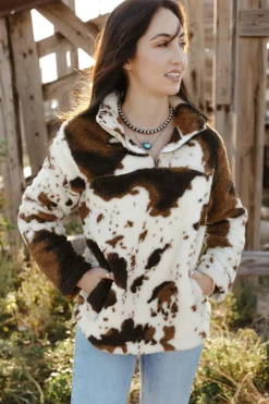 Discount Dear-Lover Zip Collar Cow Print Fleece Sweatshirt White