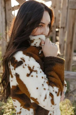 Discount Dear-Lover Zip Collar Cow Print Fleece Sweatshirt White