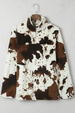 Discount Dear-Lover Zip Collar Cow Print Fleece Sweatshirt White