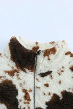 Discount Dear-Lover Zip Collar Cow Print Fleece Sweatshirt White